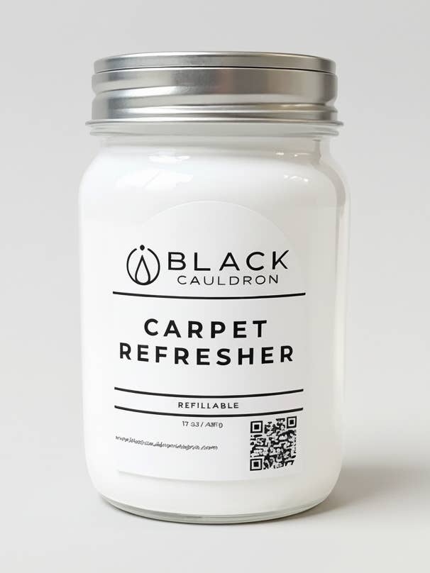Refillable Glass Carpet Refresher with Stainless Steel Shaker Lid 17oz Plastic Free for wholesale by Black Cauldron Soap Co.