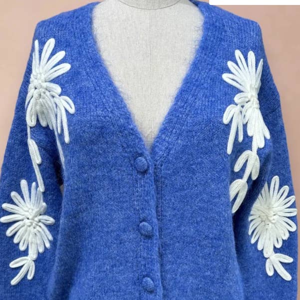 IA90 Blue Floral Embroidered Cozy Cardigan Sweater LOOWIE for wholesale by LOOWIE