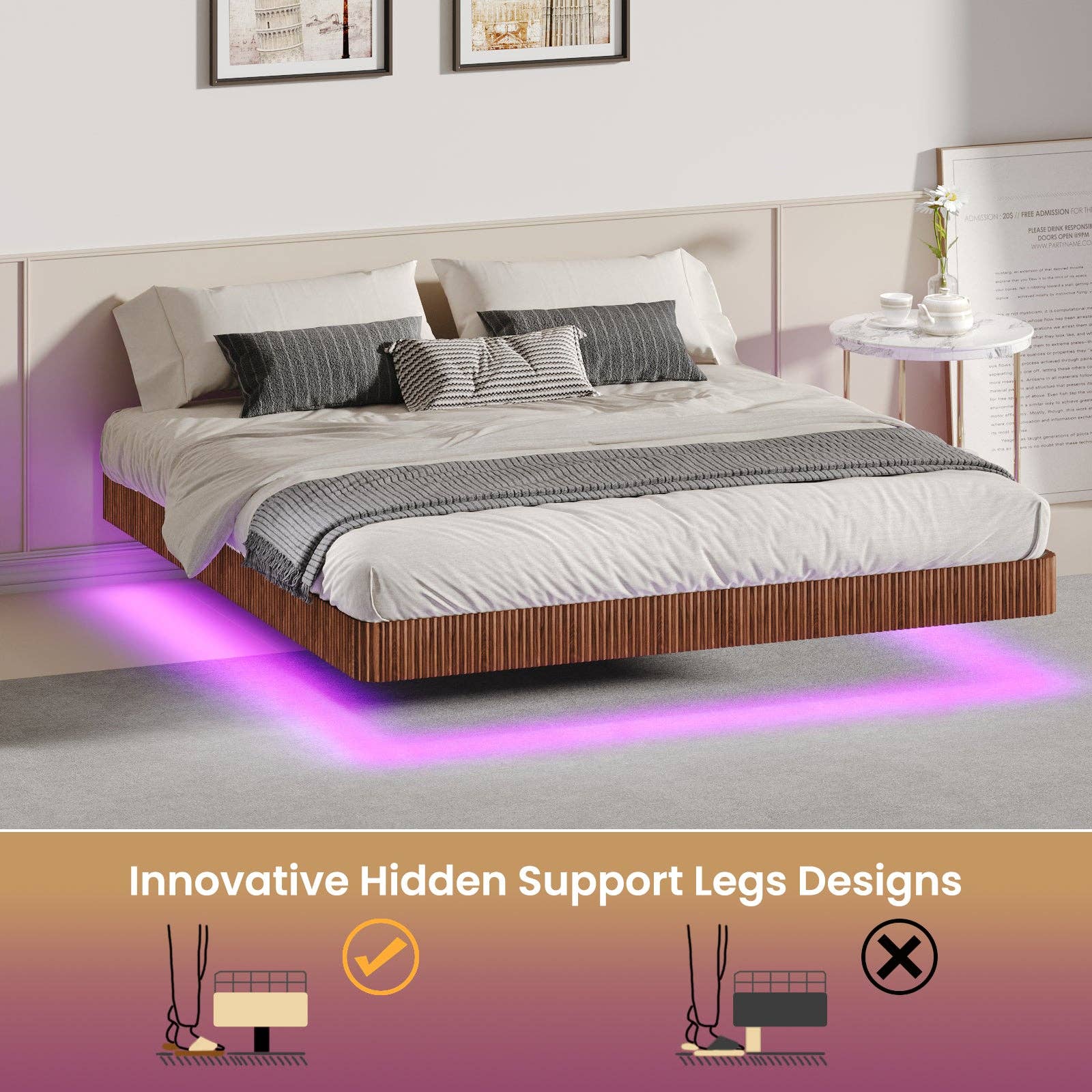 39F Inc. - Wholesale Bed - Floating Bed Frame with LED Lights  2 Sizes and 2 colors4