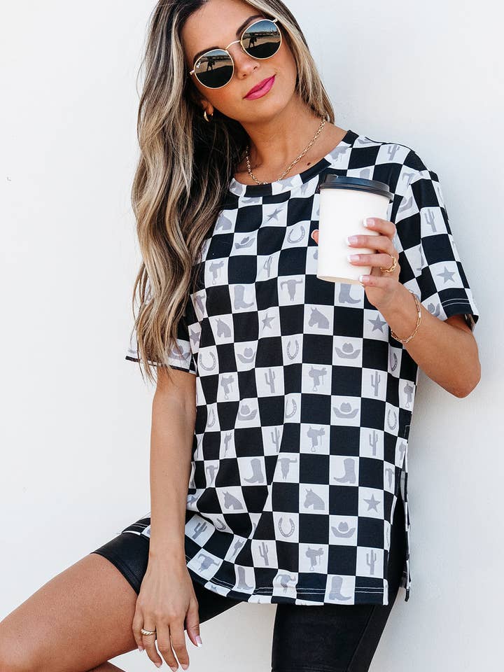 Black Western Fashion Checkerboard Print Side Split T Shirt for wholesale on Faire2