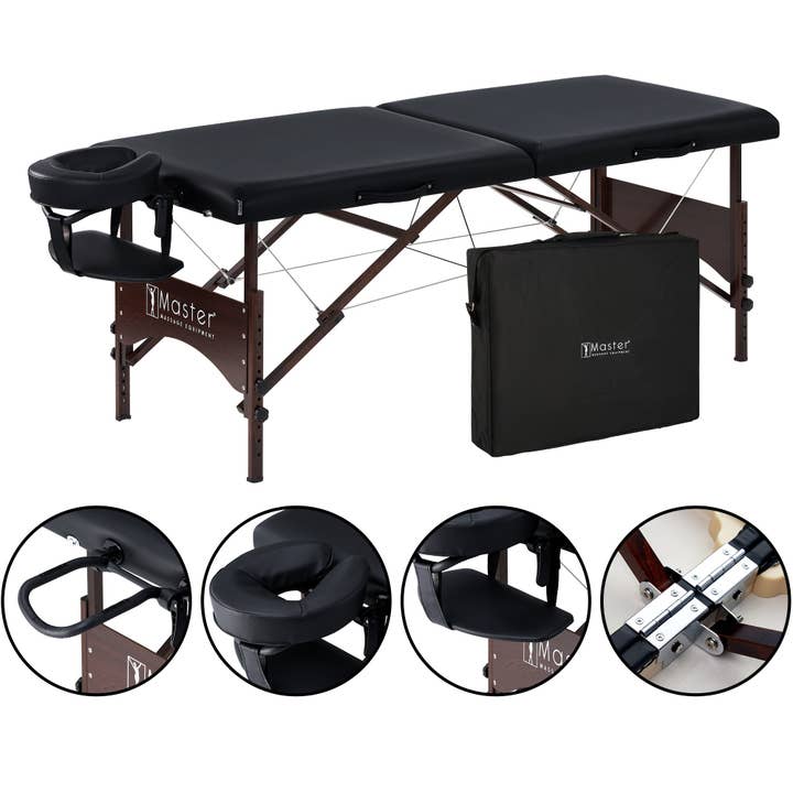 Master Massage 28" Argo Portable Massage Table Package in Black Upholstery, Walnut Legs for wholesale by Royal Recliners