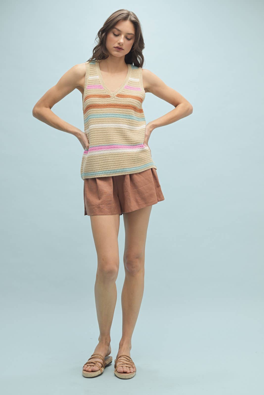 TAUPE COMBO MULTI-COLOR STRIPED SWEATER TANK / WL25-10472 for wholesale on Faire1