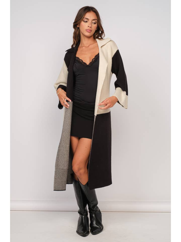 Black Block BLACK-IVORY PATCH PRINT LONG CARDIGAN SWEATER for wholesale on Faire