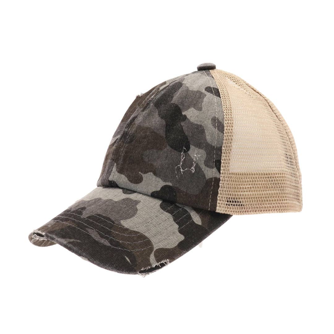 C.C Beanie – Engroshandel Baseballkasket - Til børn – BØRN Slidt Camouflage Kryds-og-tværs Høj Hestehale CC Kasket KIDSBT7834