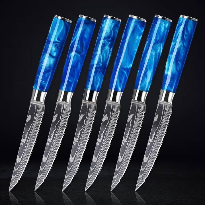 Senken Knives - Vendita all'ingrosso Set di coltelli - Set di coltelli da bistecca professionali - motivo damasco+resina blu