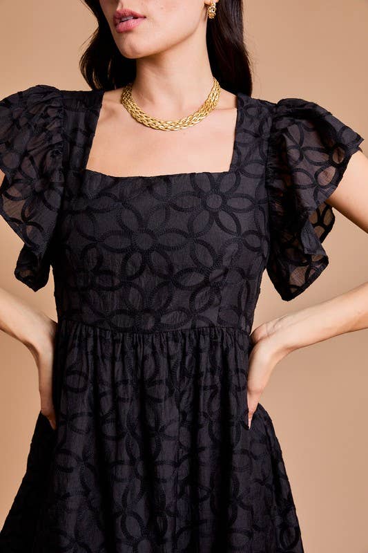 Black SQUARE NECK RUFFLE SLEEVE MINI DRESS for wholesale on Faire5