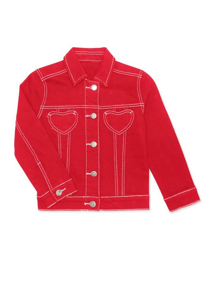 Cutie Patootie Clothing - Vente Veste en jean – enfant - Veste en denim coloré pour fille avec poche cœur4