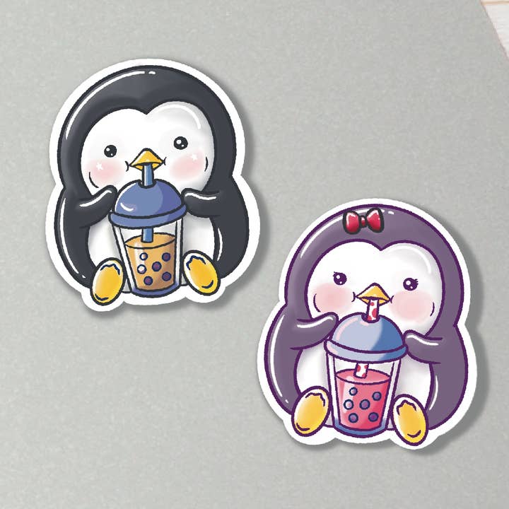 Penguin Bubble Tea klistermærker for engroshandel hos Petal and Smoke Co.