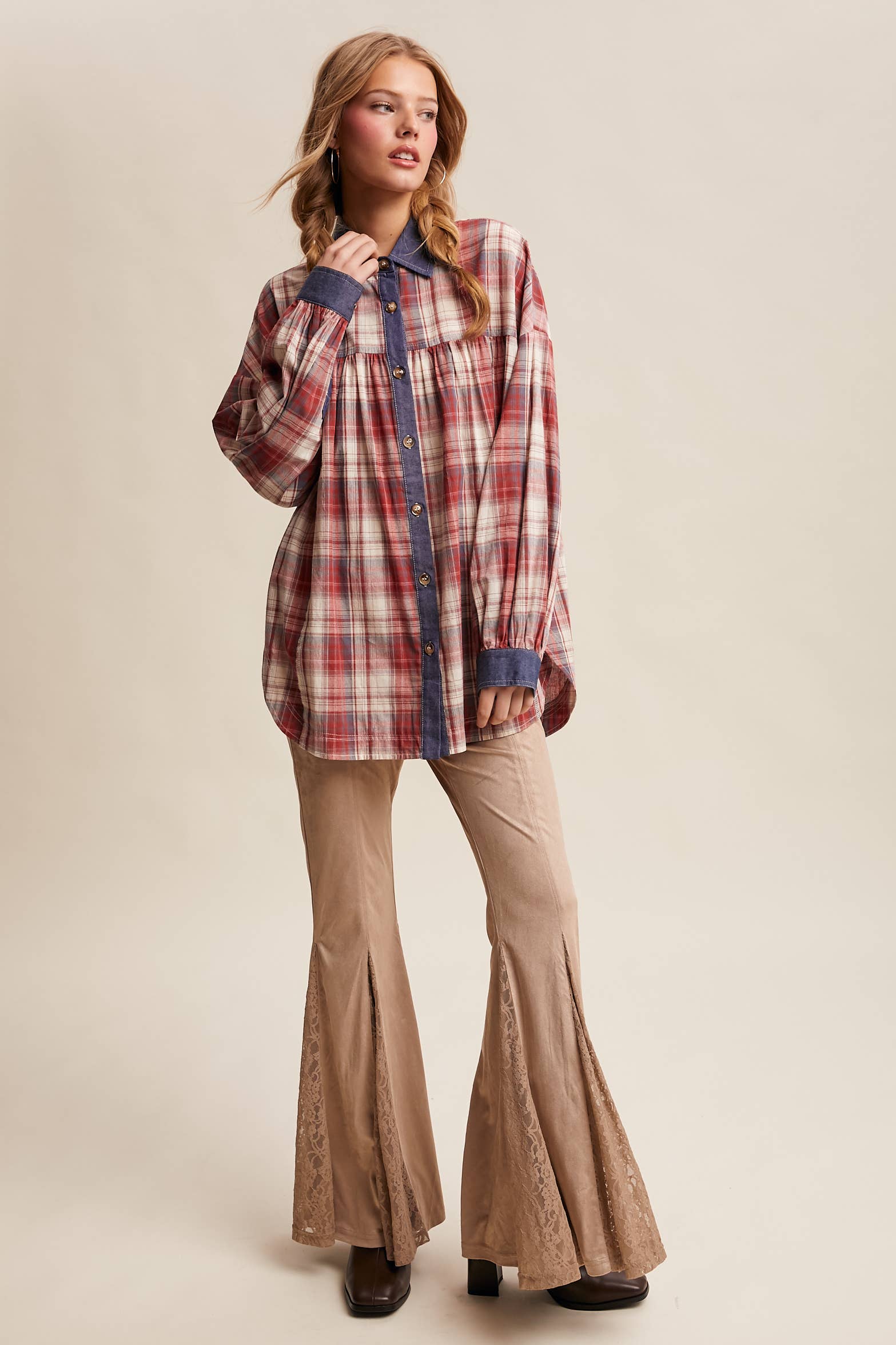 Listicle - Wholesale Button Down Shirt - Women's - Mixed Plaid Oversized Button-Down Shirt LJ020526