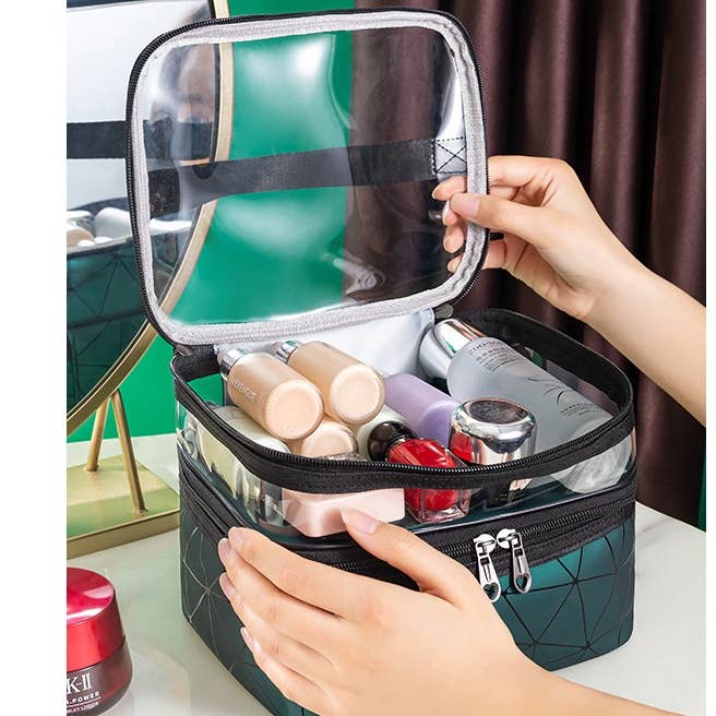 wandf - Wholesale Makeup/Cosmetic Bag - Double Layer Make up Cosmetic Bag PU Toiletry Bag for Women2