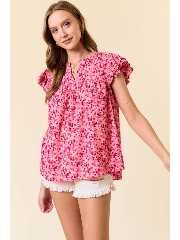 FUCHSIA FLORAL PRINT SPLIT V-NECK RUFFLED SLEEVE TOP - 43899T-1 for wholesale on Faire