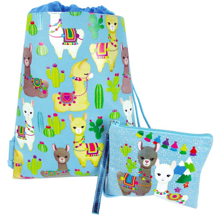 Tiny Mills - Wholesale Drawstring Bag - Kids - Llamas Drawstring Backpack with Matching Wristlet in Blue