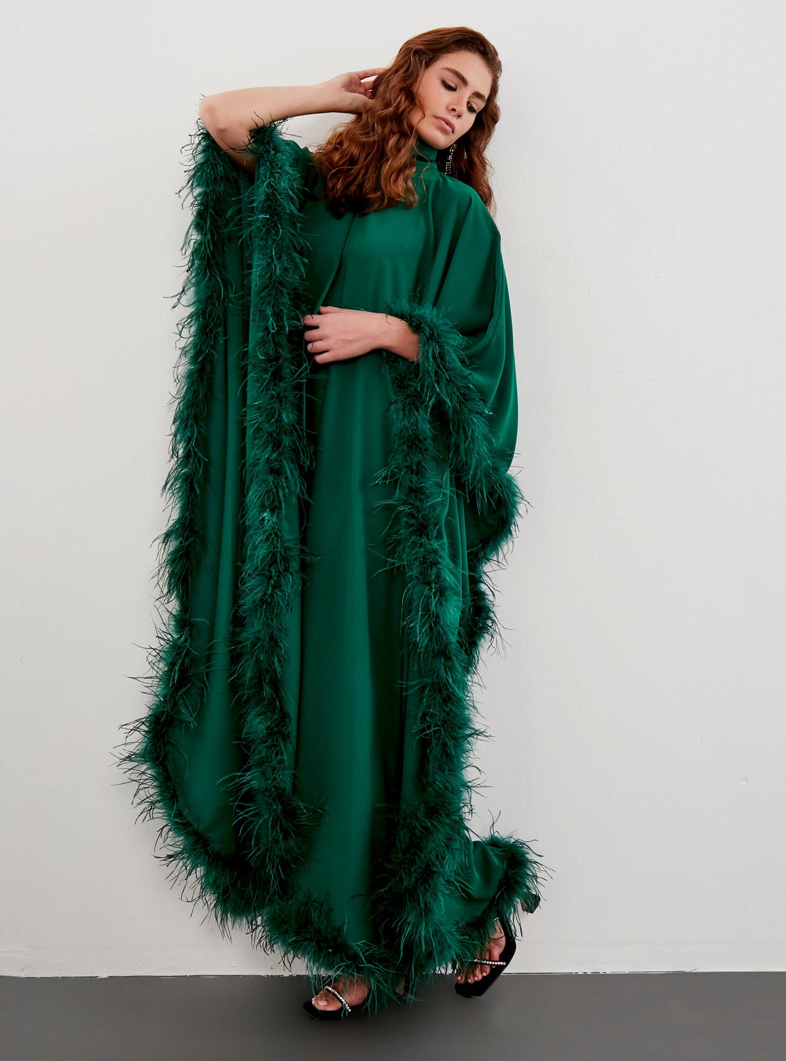 Store WF – wholesale Kaftan – Women's – Feather Trimmed Emerald Kaftan Dress8