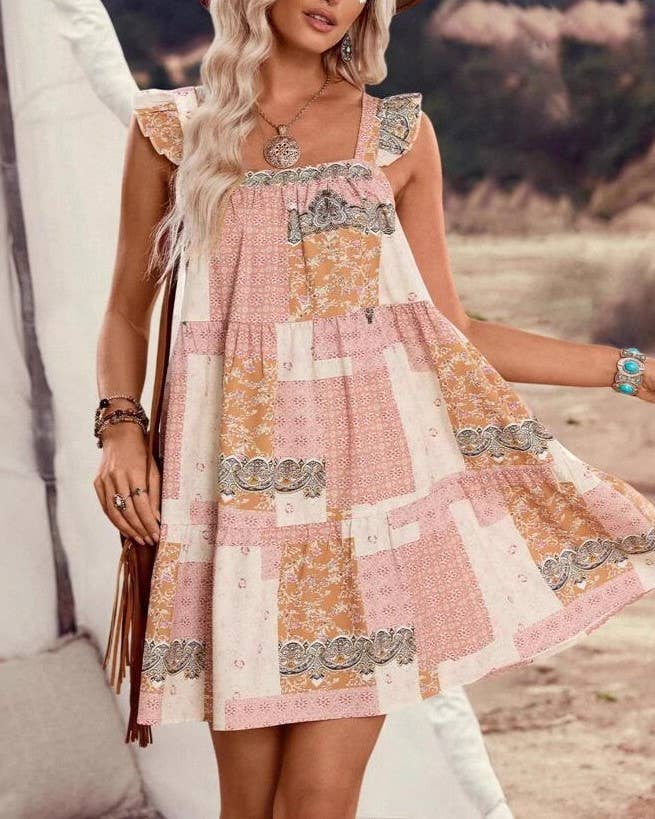 Pink Western cowgirl Floral patchwork babydoll dress for wholesale on Faire2