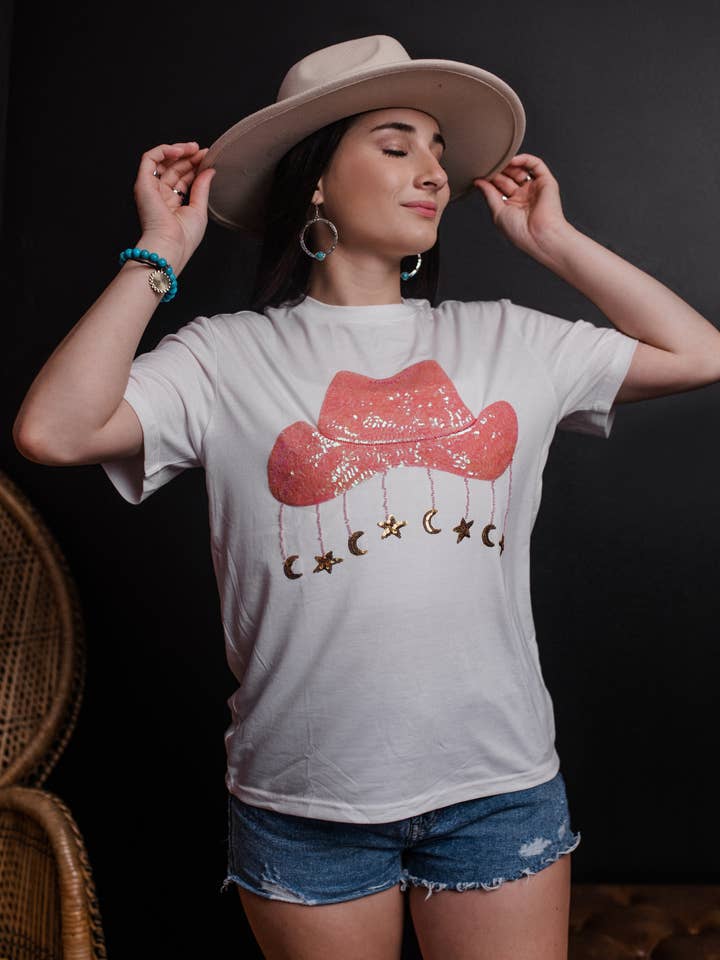 White MK554 Starry Cowgirl Short Sleeve Tee for wholesale on Faire0
