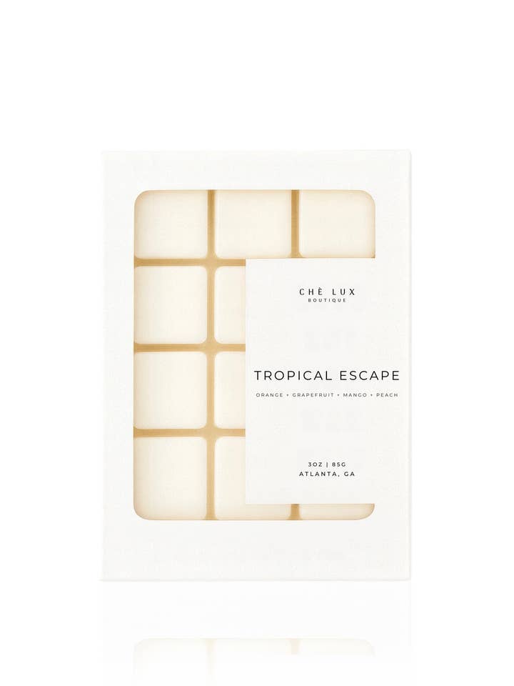 Tropische Flucht Wachsschmelzen | Orange + Grapefruit + Mango + Pfirsich - 12er weiße Box (Kokosnuss-Bienenwachs) für den Großhandel von Chè Lux Boutique