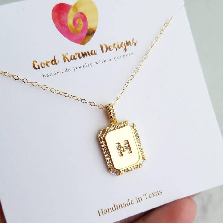 Gold Filled CZ Initial Medallion Necklace for wholesale by Good Karma Designs