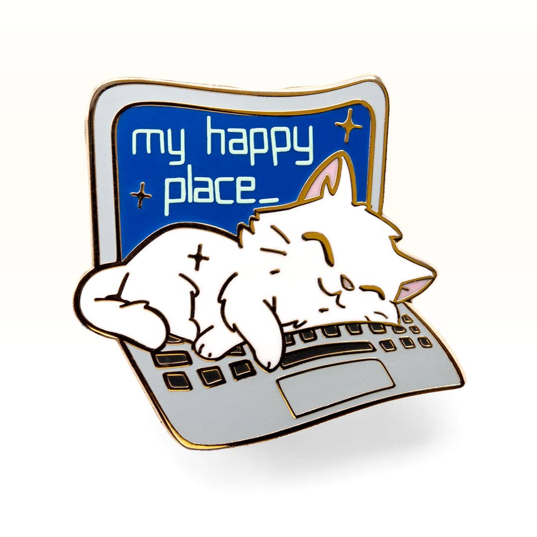 Flair Fighter - Wholesale Lapel Pin/Button - My Happy Place Laptop (Russian White Cat) Enamel Pin
