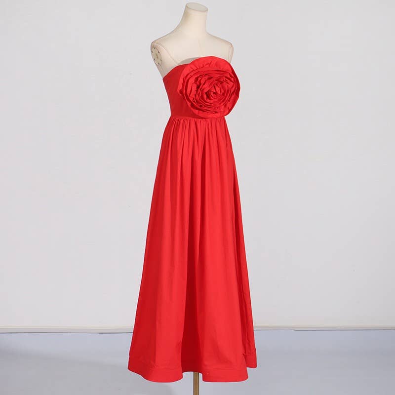 Red DR0185Y Floral Stitch High-Waist Tube Top Dress for wholesale on Faire4
