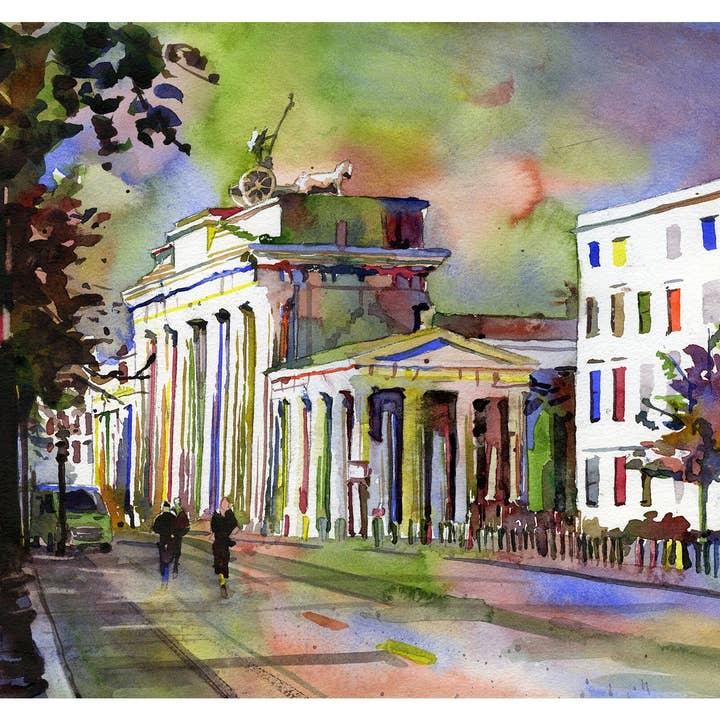 Porta di Brandeburgo al tramonto nella città di Berlino- Germania, Europa. Pittura della Porta di Brandeburgo al tramonto a Berlino- Germania, Europa arte (stampa) per la vendita all'ingrosso da parte di Ryan Fox Fine Art