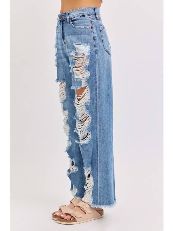 Medium Denim 97303ND-Destroyed High Waisted Raw Hem Cut Out Jeans for wholesale on Faire1