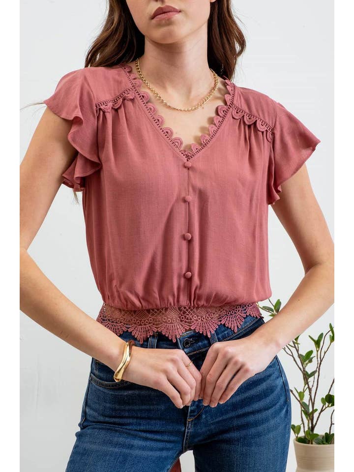 Blu Pepper - Wholesale Blouse - Women's - SCALLOP LACE TRIM BACK TIE SHORT SLEEVE CROP TOP