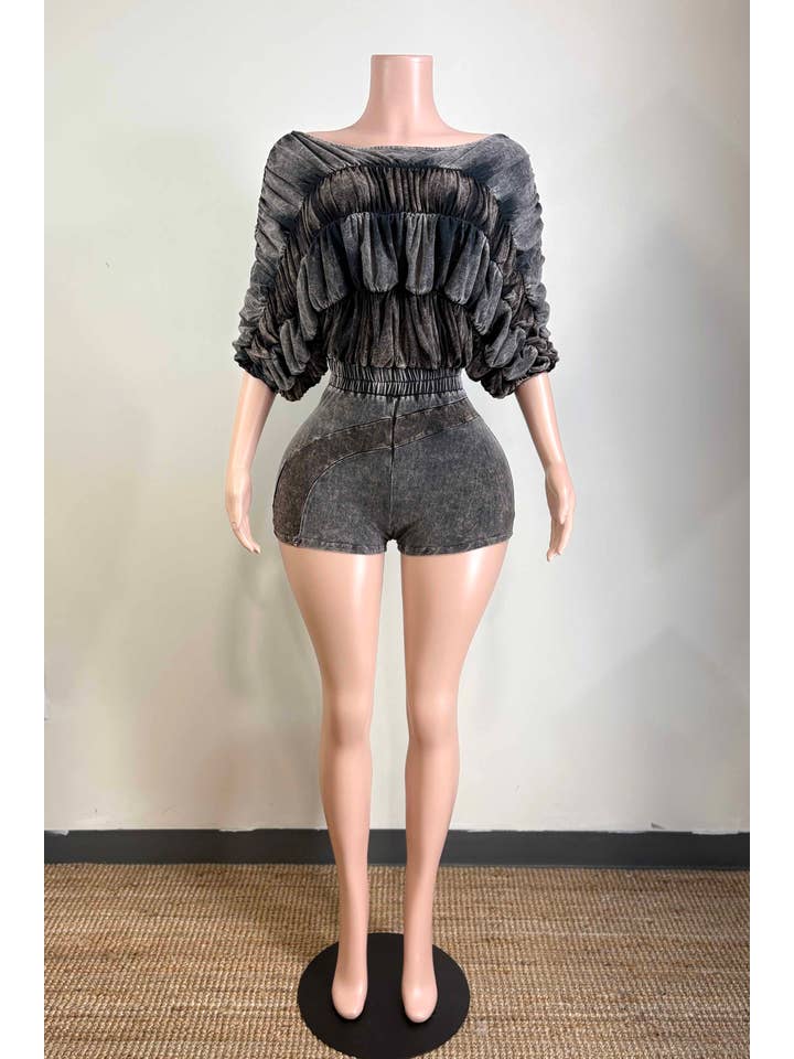 Dalia Studio - Wholesale Romper - Women's - MINERAL WASH RUCHED OFF SHOULDER ROMPER1