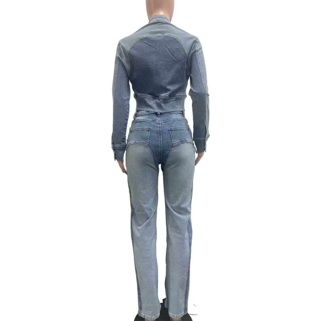 MB Fashion Wholesale - Wholesale Top & Pant Set (NOT Loungewear) - Women's - MB FASHION Two-Piece Zip-Up Denim Jacket and High-Waist Jeans Set 81968