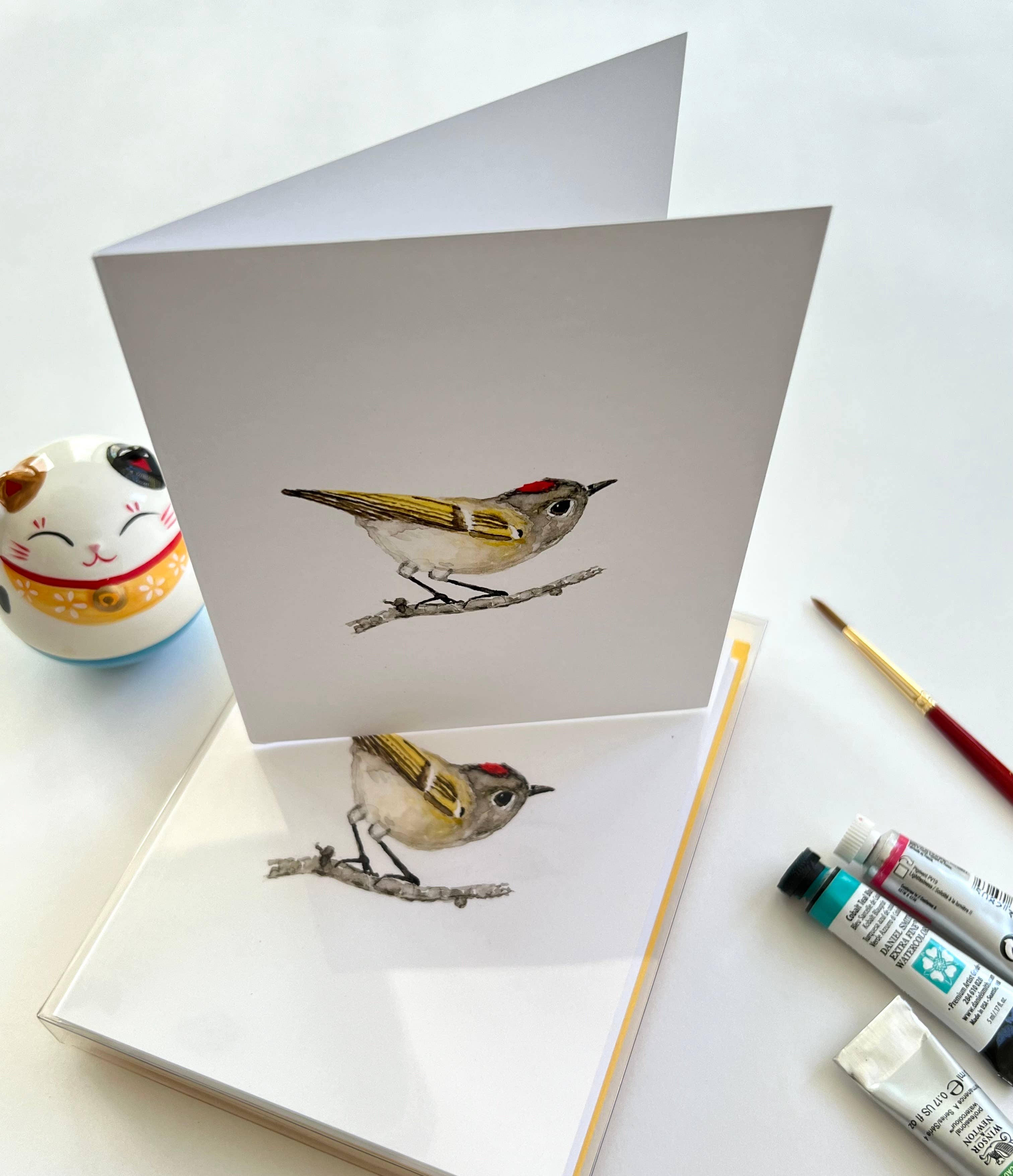 Flower Bird Art Studio - Wholesale Stationery/Notecard Set - Boxed cards of 8 -ruby-crowned kinglet1