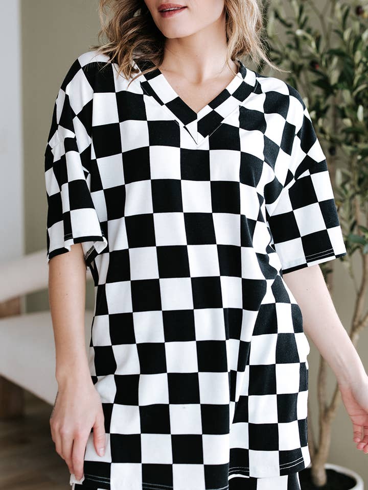 Checkerboard Print V Neck Loose Tee and Shorts Lounge Set for wholesale by FULL TIME PURCHASE