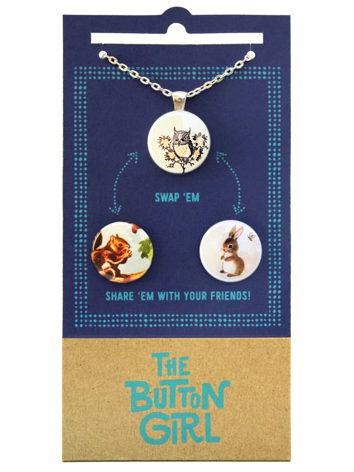 Magnetic Necklace With Two Interchangeable Magnets - Squirrel, Bunny, Owl for wholesale by The Button Girl