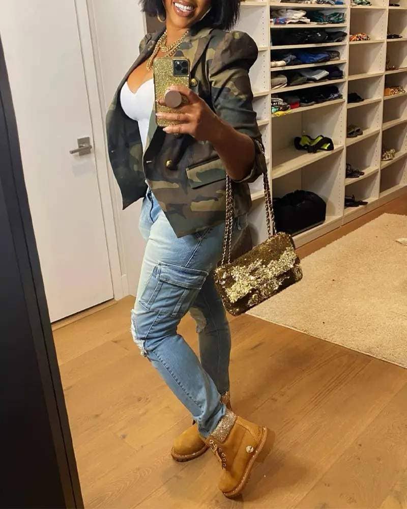 CAMOFLAGE Camo Print Puff Sleeve Blazer Jacket for Women for wholesale on Faire2