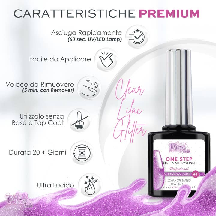 Pics Nails - Wholesale Nail Polish - One Clear Lilac Glitter 41 Semipermanent Nail Polish - 12 ml | Semipermanent 3in1 UV/LED Ultra Glossy