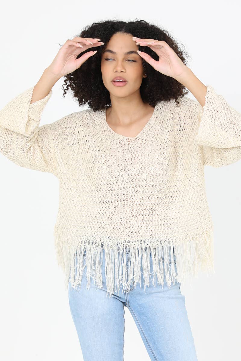 ANGIE - Wholesale Knit Sweater - Women's - XHN03-ASIS V NECK FRINGE HEM PULLOVER SWEATER12