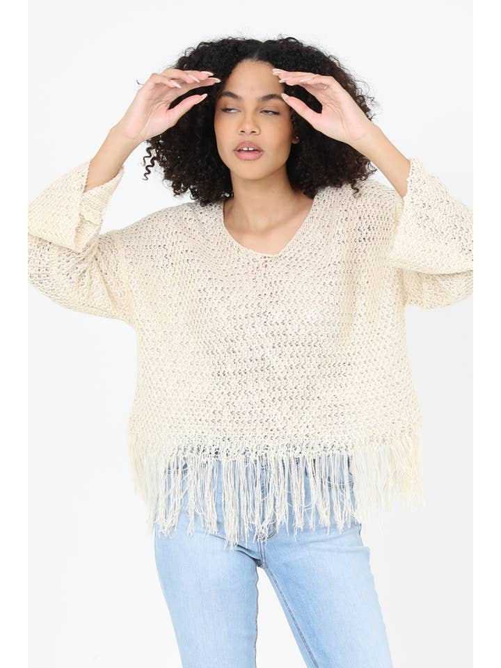 ANGIE - Wholesale Knit Sweater - Women's - XHN03-ASIS V NECK FRINGE HEM PULLOVER SWEATER12