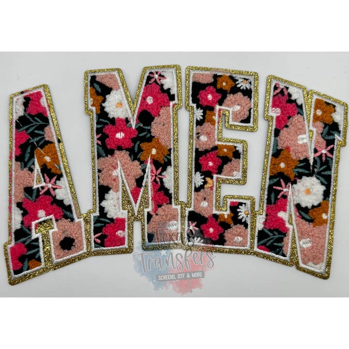 Texas Transfers - Wholesale Patch - Curved Amen Floral Chenille XL Iron-On Patch