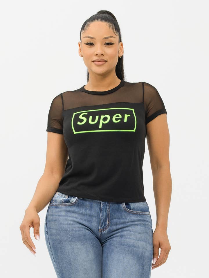 Contrast Mesh Front Super Screen Print Top for wholesale by Julia by LoveJ