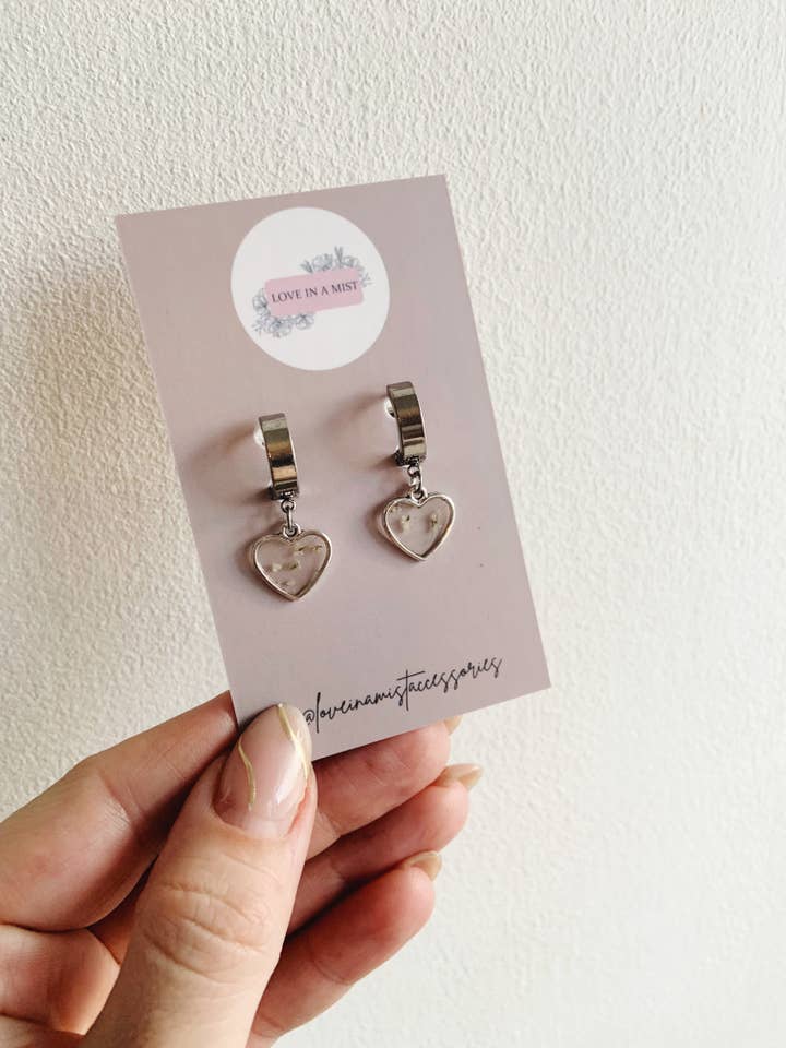 Resin heart silver hoop earrings, real flower earrings for wholesale by Love in a mist
