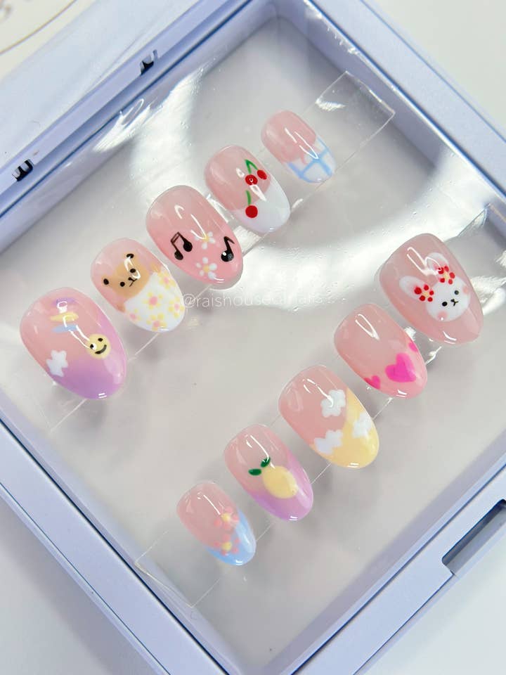 Cute Doodles Press on Nails XSmall, Shape Round Extra Short for wholesale by Rai's House of Nails