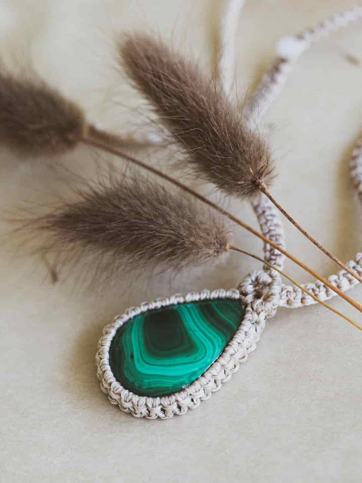 Malachite Pendant with Moonstone beads~ Macramé Cord for wholesale by Meelah Collections