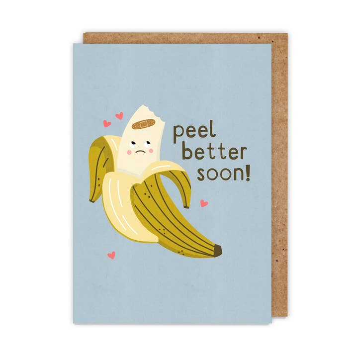 Peel Better Soon Punny illustrated banana get well soon card for wholesale by Zoe Spry