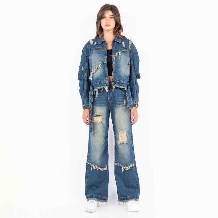American Bazi – wholesale Jeansjackor – Dam – PLUS STORLEK SLITEN KANT LAPPTÄCKE JEANSJACKOR-RJK9468P4
