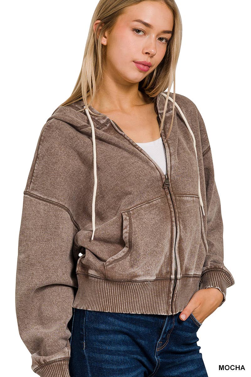 42POPS - Vente Sweat à capuche – femme - ..SI-25313 Sweat à capuche zippé court en molleton délavé à l'acide16