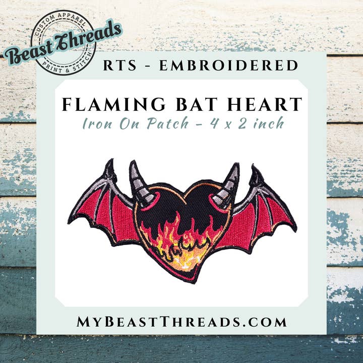 Flaming Bat Heart Embroidered Patch - RTS for wholesale by Beast Threads LLC