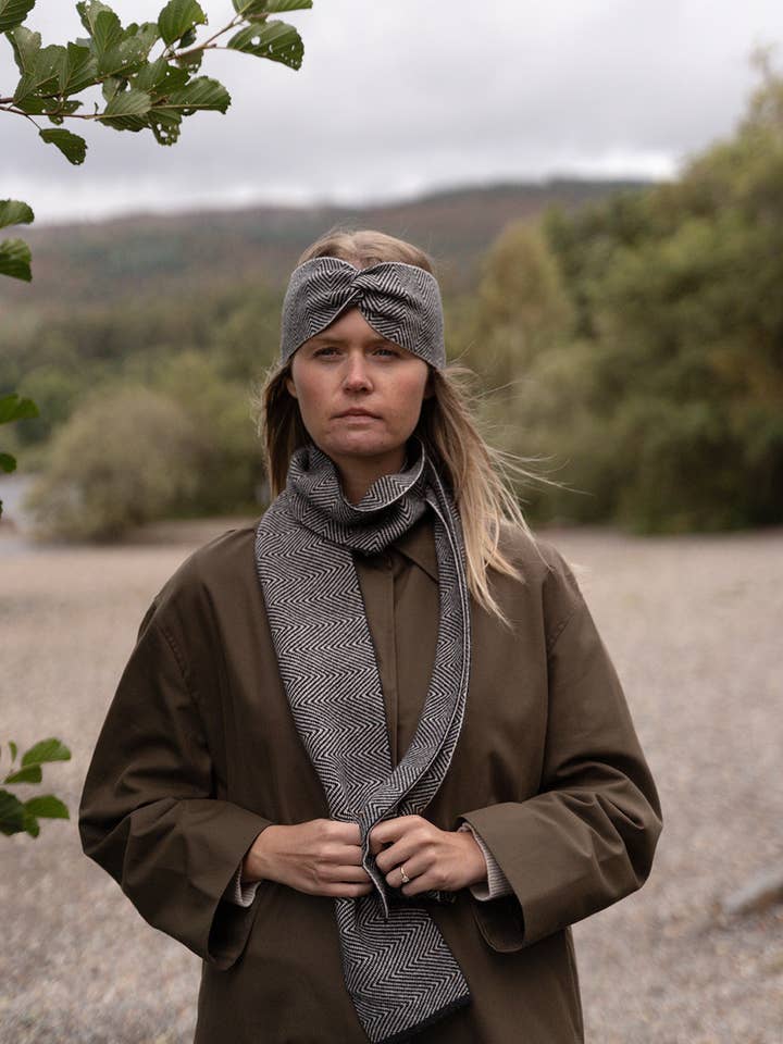 Herringbone Skinny Scarf Charcoal for wholesale by Hilary Jane Keyes