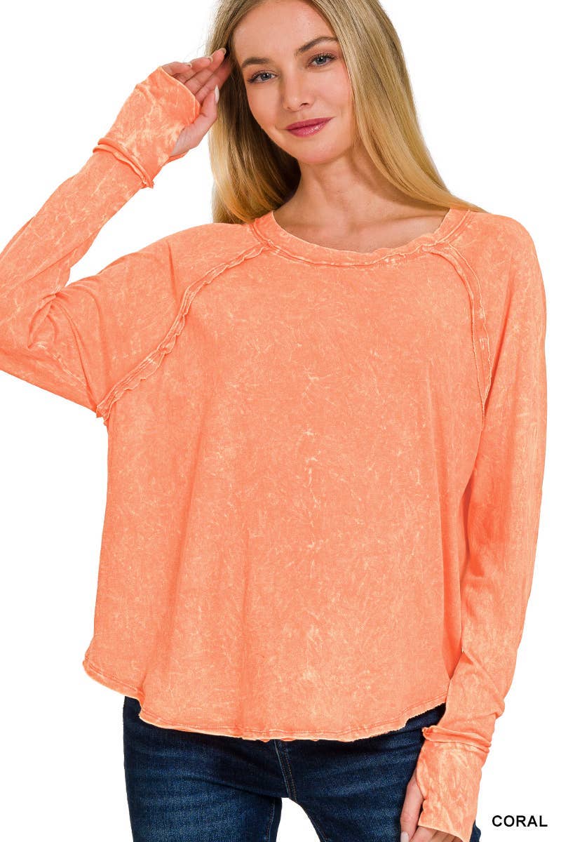 Vanilla Monkey - Wholesale T-Shirt - Women's - Washed Thumb Hole Cuffs Scoop-neck Long Sleeve Top4