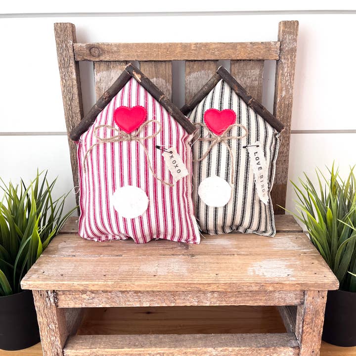 Kate + Em - Wholesale Decorative Tabletop Object - Rustic Fabric Farmhouse Valentine Bird House | Home Decor