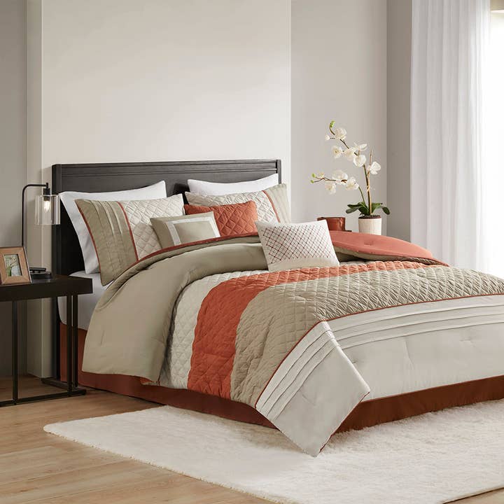 Olliix - Wholesale Bedding Set - 7 Piece Color Block Stripe Microfiber Comforter Set, Spice