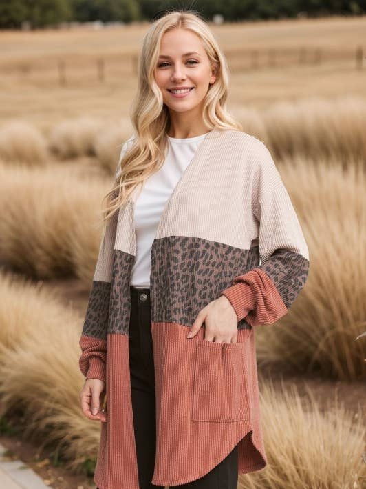 EJ6792-10 LONG SLEEVE ANIMAL COLOR BLOCK OPEN CARDIGAN for wholesale by HEIMISH