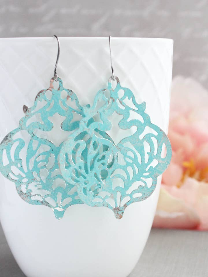 Big Damask Filigree Earrings | Aqua And Silver | Boho Style for wholesale by A Pocket of Posies